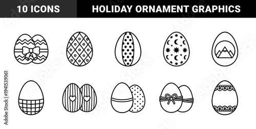 Easter egg line art illustrations for seasonal greeting cards and holiday crafting. Minimalist monoline festive ornaments featuring geometric patterns, celestial motifs, and ribbon details.