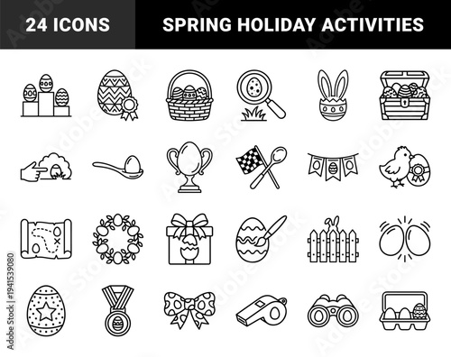 Easter egg hunt and spring celebration line art. Technical monoline pictograms for festive seasonal activities, outdoor games, and holiday traditions.