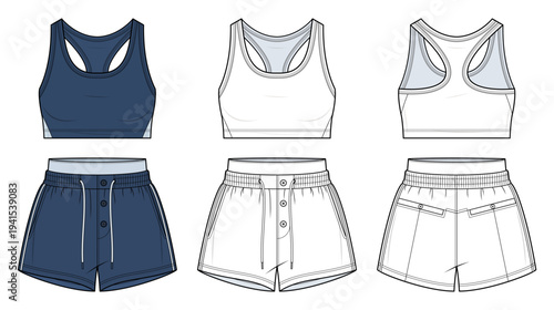 Athleisure Matching Set Technical Fashion Illustration. Minimal Sports Bra and Boxer Shorts CAD Vector Template. Front and Back View. Essential Womenswear. Navy Blue.