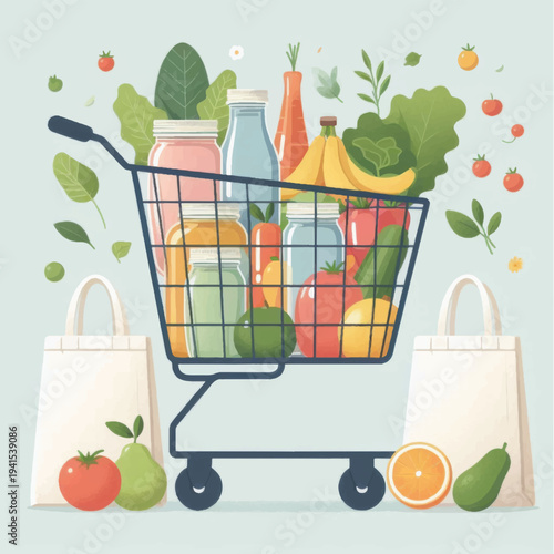 Grocery Shopping Cart with Fresh Produce and Drinks.