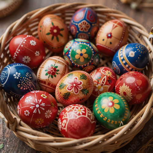comic book, basket of traditionally painted easter eggs for orthodox celebrations