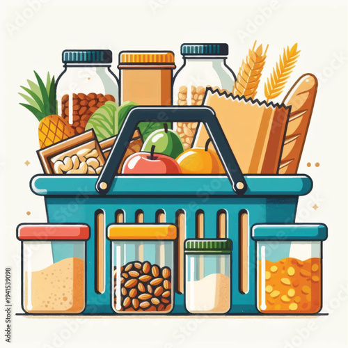 Grocery Basket with Fresh Food and Containers.