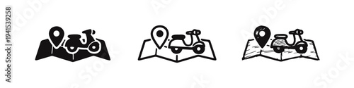 Scooter delivery on map with location pin icon set, featuring solid, outline, and hand-drawn styles.