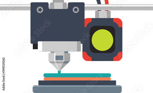 3D printer extruder nozzle depositing filament onto a printed object. Clean, modern illustration. Ideal for tech, manufacturing, and 3D printing concepts.