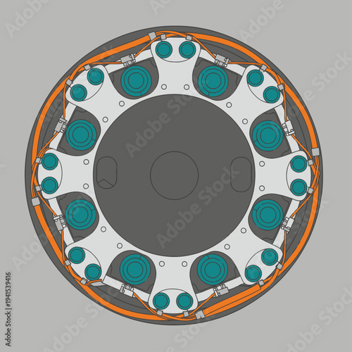 Detailed illustration of a military aircraft propeller engine.  Bold design, showcasing complex mechanics. Ideal for technical or industrial themes.
