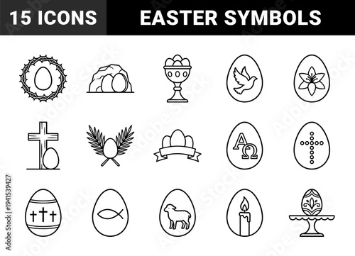 Religious Easter celebration symbols and Christian resurrection ornaments. Minimalist monoline egg graphics featuring traditional biblical elements and spring floral motifs.