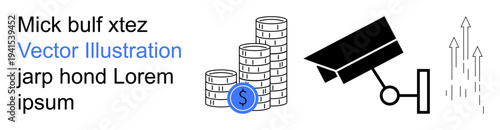 Data security, financial growth, monitoring, business analytics, savings, risk management. Stack of coins with camera and arrows. Financial growth and data security theme