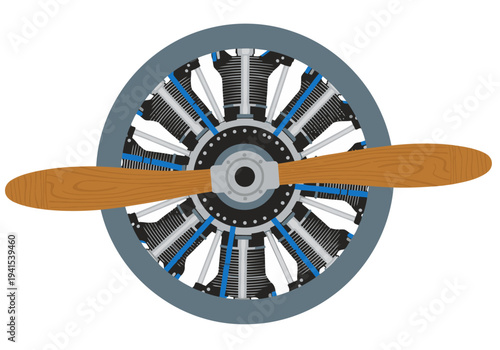 Detailed  vintage military aircraft propeller engine wooden propeller sits alongside a complex metallic engine showcasing classic aviation design Perfect for technical or historical themes