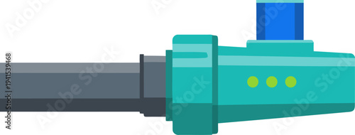 Detailed close-up of a drip irrigation emitter. Modern, teal and blue design. Perfect for agricultural or gardening visuals. Clean, sharp focus.