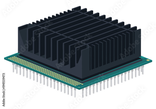 Detailed isometric illustration of a heat sink processor with heat sink, showcasing thermal management. Modern, technical, and visually appealing for tech-related content.