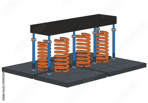 A detailed schematic illustration showcases an anti-vibration base pod with multiple spring supports. The design highlights stability and vibration reduction. Clean, modern, and visually informative.