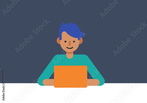 A young man happily works on a laptop, completing a task. Modern, clean design with a focus on finished success. Bright, professional.