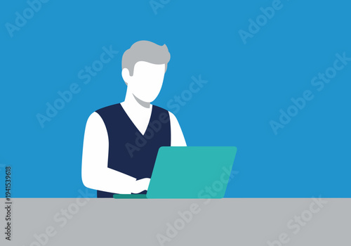 A man participates in a telehealth session, using a laptop. Clean, modern design with a blue background. Illustrative style, conveying digital health.