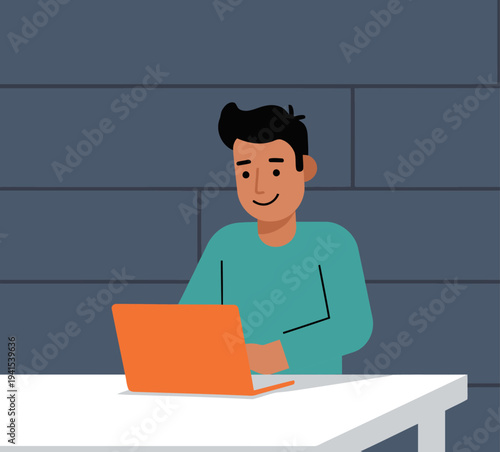 A smiling young man works on a laptop, signifying completed work. Modern, clean design with a focused expression.  Illustrative style.