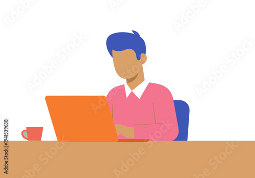 A man works on a laptop, completing a remote work detox. A mug and desk create a focused workspace. Clean, modern illustration.
