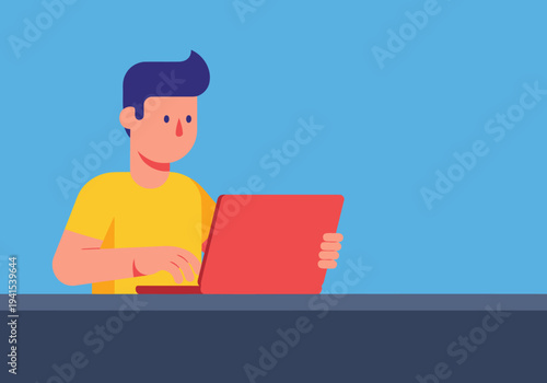 A young man works on a laptop, symbolizing startup success. Modern illustration with vibrant colors and a clean design. Perfect for business and tech themes.