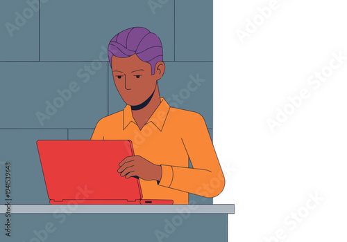 A young marketer works on a laptop, achieving viral campaign success. Modern, vibrant illustration style.