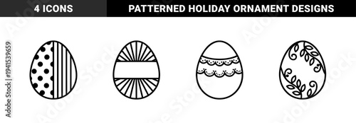 Easter egg coloring page elements featuring geometric patterns and floral motifs. Minimalist monoline bold stroke designs for spring holiday crafts and festive stationery.
