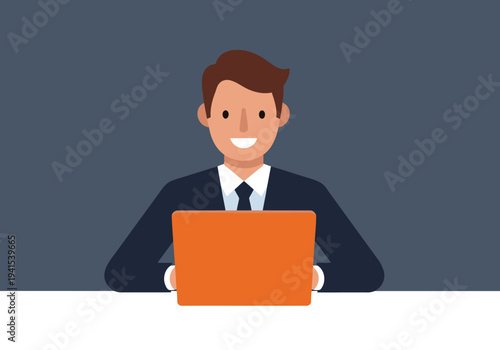 A smiling male manager works on a laptop, achieving success. Modern, professional illustration with a bright screen and focused expression. Clean, flat design.