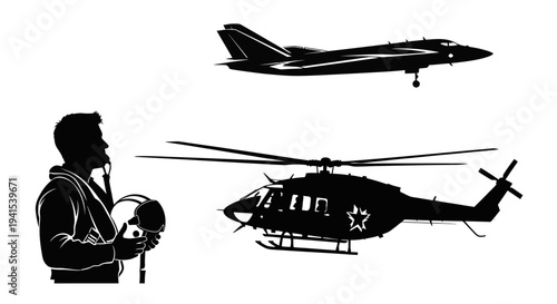 Pilot Silhouette with Fighter Jet and Helicopter, Aviation and Military Concept