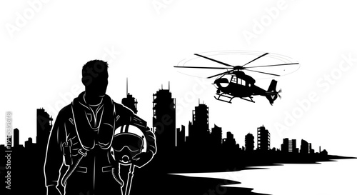 Pilot silhouette with helicopter and city skyline at dusk, aerial view