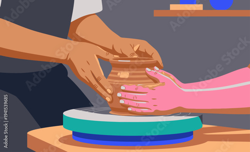 A mentor guides a student in pottery, shaping a vibrant orange vase on a spinning wheel. A dynamic, artistic scene showcasing skill and legacy.