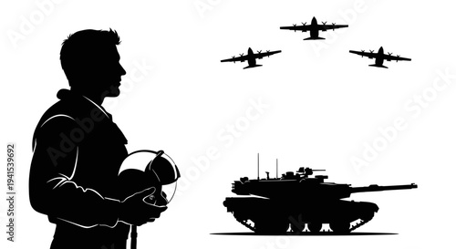 Pilot Silhouette with Military Aircraft and Tank - Air Force, Army, Defense Concept