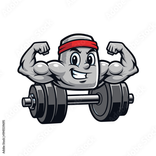 Cartoon strong dumbbell mascot character flexing muscles with a red headband
