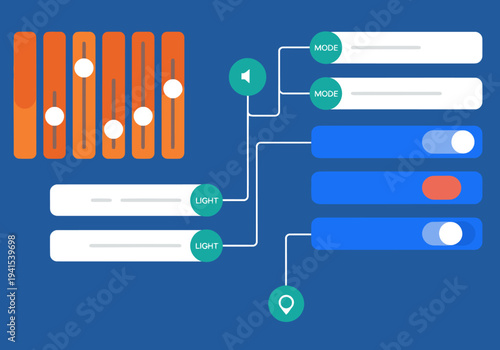 Modern dashboard UI concept illustration. Bright orange and blue sliders control settings. Clean, logical design with clear visual hierarchy. Ideal for tech and digital themes.
