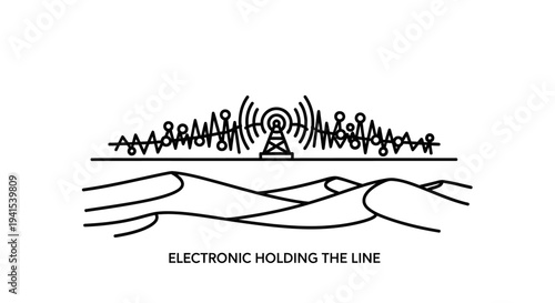 Radio tower transmitting signals over desert dunes, symbolizing communication and technology