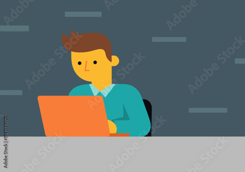 A smiling office worker diligently works on a laptop, signaling a happy weekend end. Modern, flat design illustration.