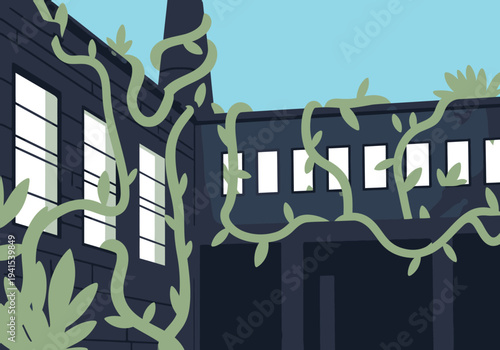 Overgrown vines reclaim abandoned factory ruins. A striking image of nature's resilience and decay, offering a unique visual.