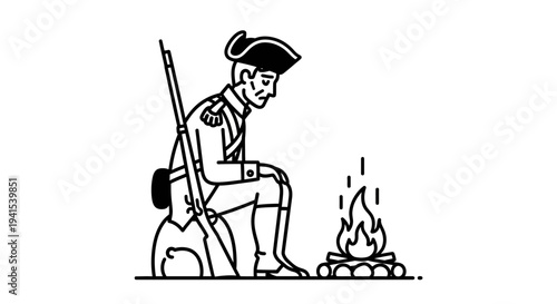 Revolutionary War Soldier Sitting by Campfire, Historical Illustration
