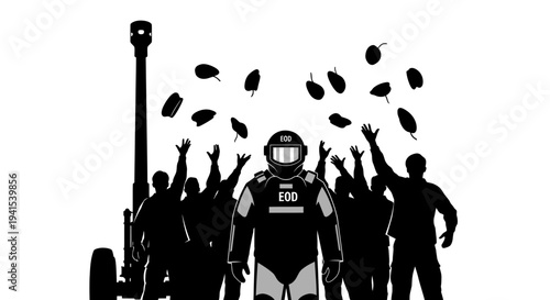 Riot police officer in protective gear stands firm as crowd throws objects, protest