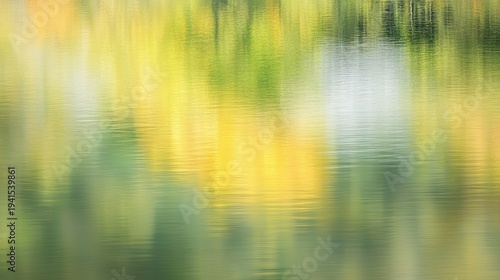 Serene Autumnal Reflections in Mountain Lake Water Displaying Softly Blurred Yellow and Green Foliage