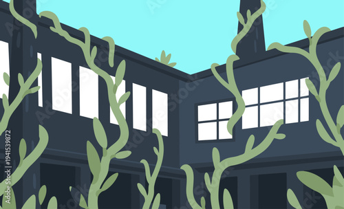 Ruined factory walls overtaken by lush greenery create a striking, reclaimed aesthetic. A vibrant, modern illustration showcasing nature's resilience and industrial decay.