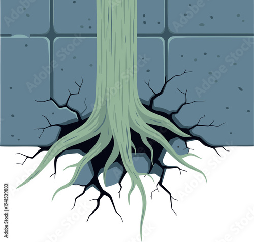 Roots penetrate concrete, showcasing nature's strength and resilience. A striking visual metaphor for durability and growth.  Modern, textured illustration.