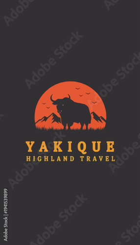 Yak Silhouette Logo Design with Mountains.