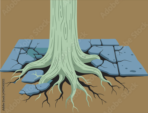 A striking tree?s roots burst through concrete, symbolizing resilience and nature?s strength. A powerful visual metaphor for overcoming obstacles. Modern, graphic style.