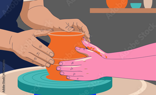 A student learns pottery from a mentor, shaping a vibrant orange vase on a spinning wheel. A close-up, demonstrating skill and legacy. Warm colors, tactile textures.