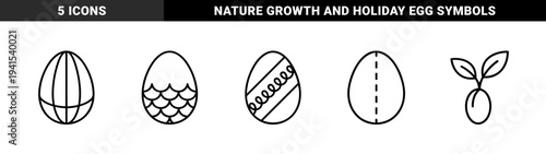 Easter egg decoration and spring growth symbols in monoline style. Minimalist seasonal elements featuring traditional patterns and seedling germination concepts for holiday branding.