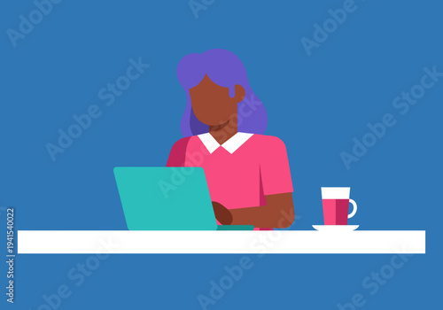 A stylish freelancer works on a laptop in a modern cafe. She?s focused and relaxed, enjoying a coffee. Clean, bright, and professional.