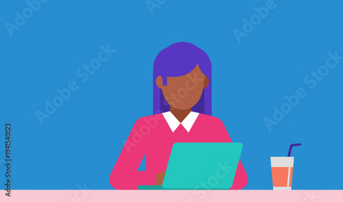 A stylish young woman works on a laptop at a cafe. Modern, vibrant illustration. Perfect for freelance, remote work, and digital marketing visuals.
