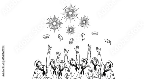 Sailors Celebrate with Fireworks and Hat Toss