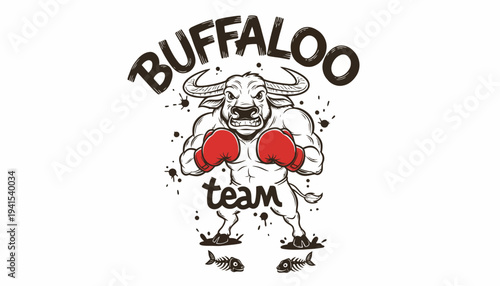 Cartoon Buffalo Wearing Boxing Gloves.