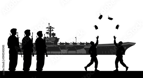 Sailors Juggling Grenades on Aircraft Carrier Deck with Soldiers Standing Guard