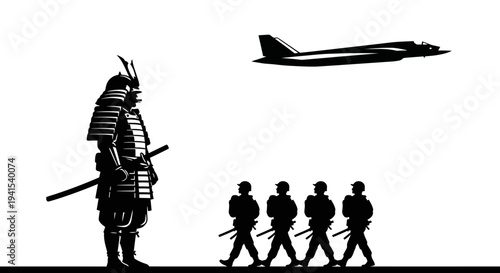 Samurai Warrior and Soldiers Under Modern Jet Fighter