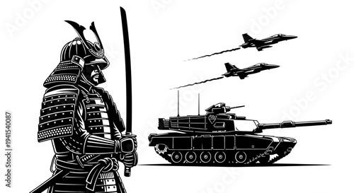 Samurai Warrior Confronting Modern Military Tank and Fighter Jets
