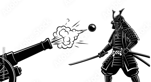 Samurai Warrior Faces Cannonball in Dramatic Black and White Illustration