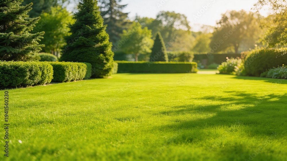 Fototapeta premium Lush green lawn with trimmed hedges and trees